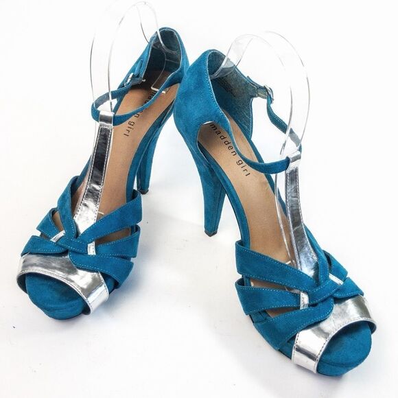 Madden Girl Hopeee Teal/Silver T-Strap Pump Sz 10 - Picture 2 of 11